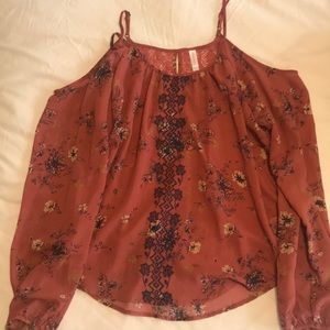 Floral printed embroidered cold shoulder top